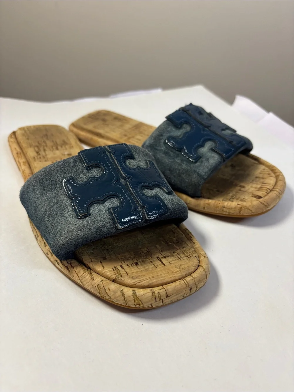Tory Burch Double T Sport Slide in a blue suede Size 7.5